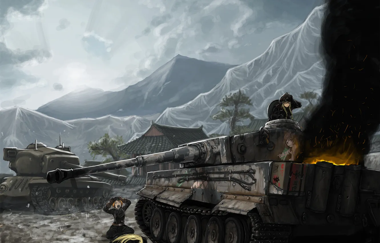 Фото обои горы, дым, Tiger, танки, world of tanks, горит, экипаж, girls und panzer