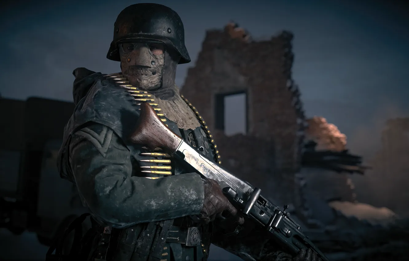 Фото обои Call of Duty, game, weapon, war, cod, mask, helmet, machinegun