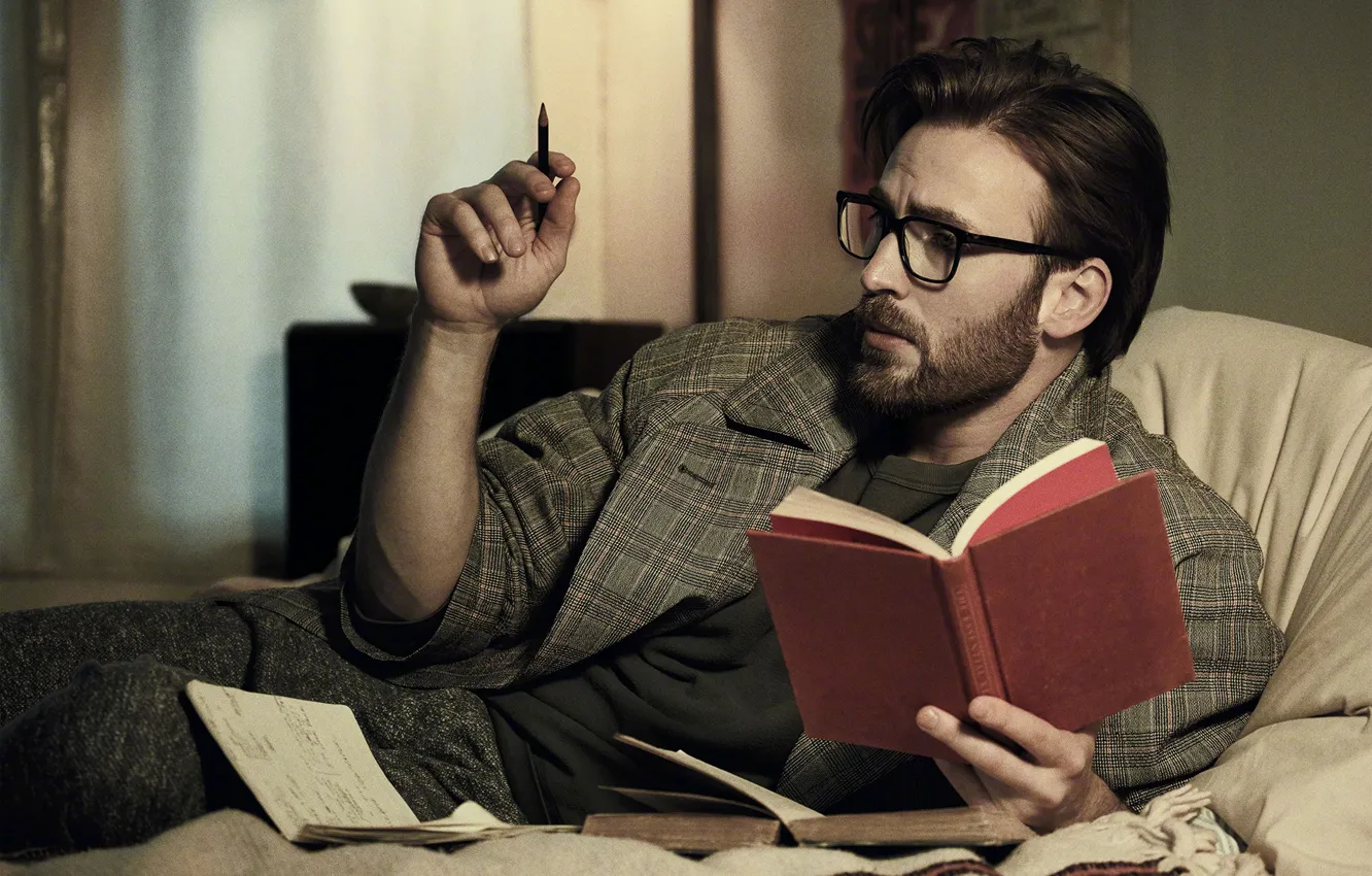 Фото обои очки, книга, мужчина, Chris Evans, For Esquire