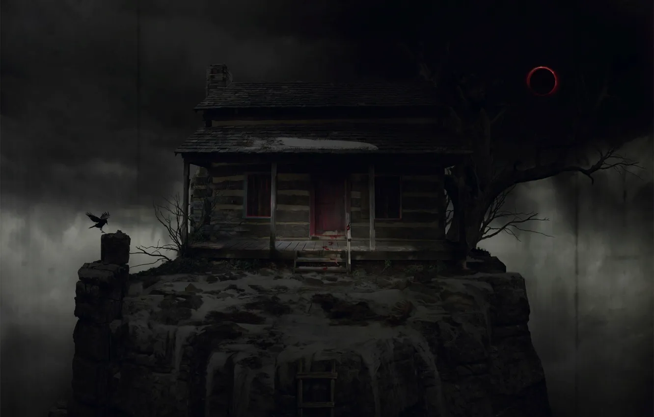 Фото обои деревья, ночь, дома, лестница, ворон