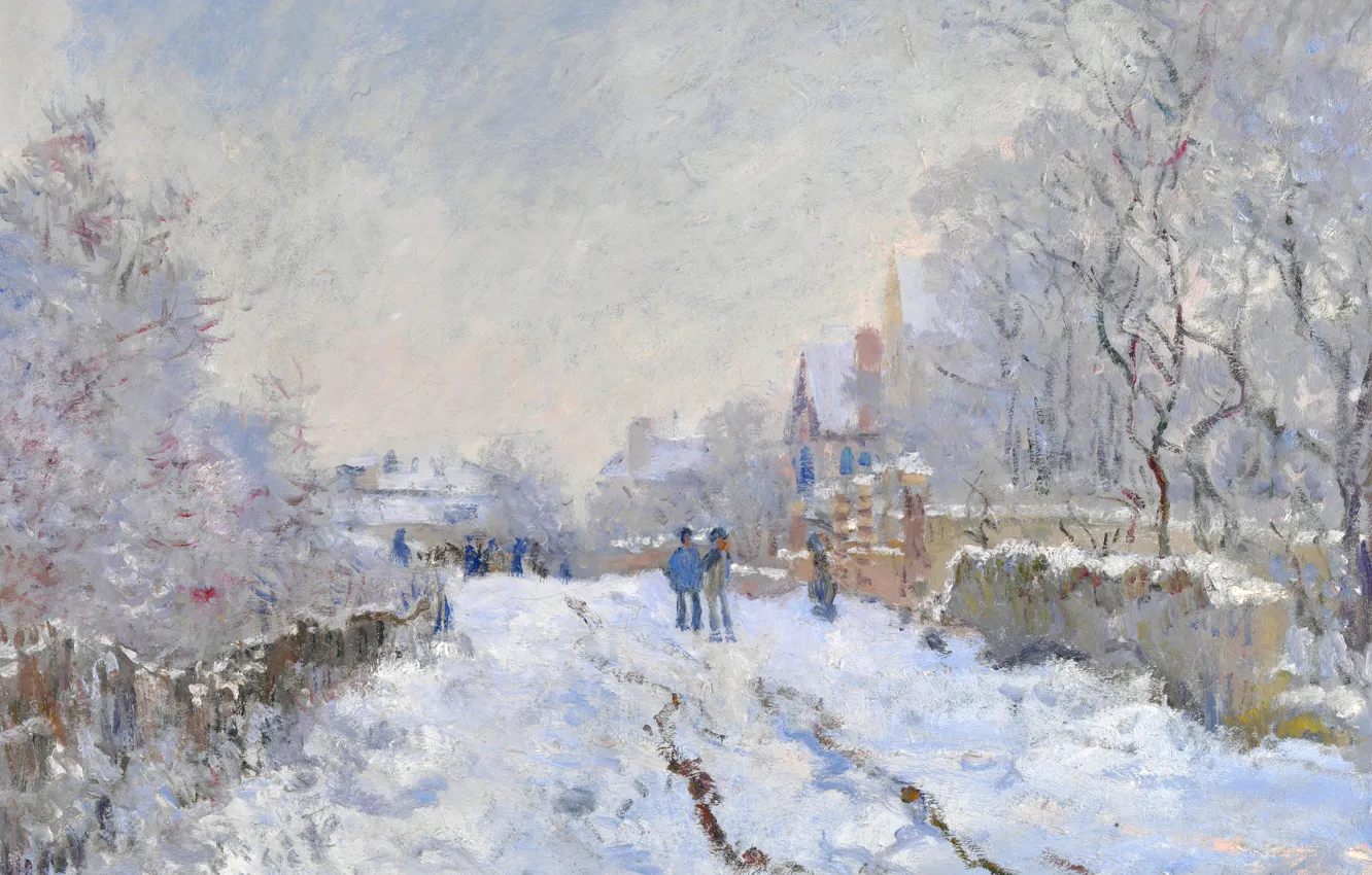 Фото обои зима, пейзаж, картина, Клод Моне, Снежная Сцена в Аржантёе