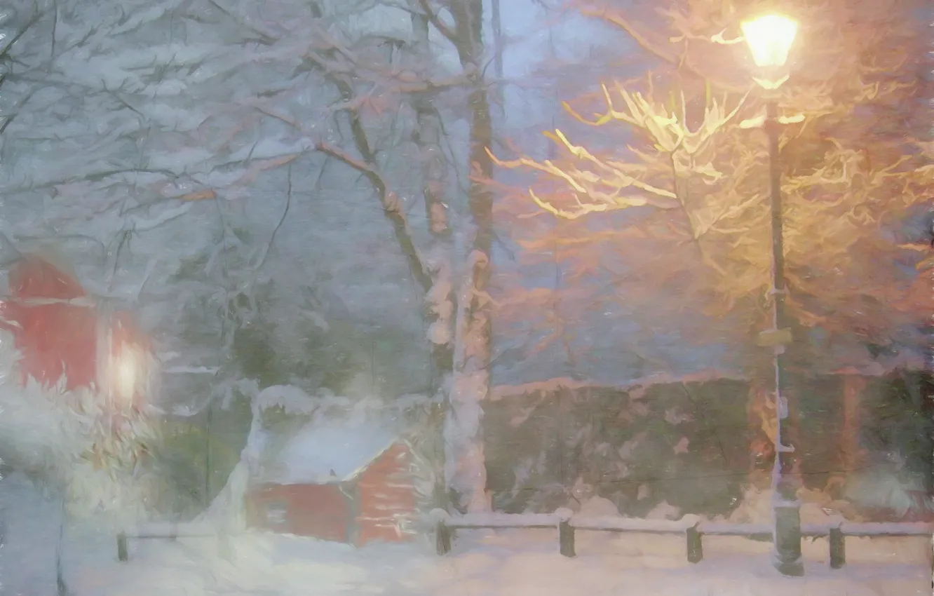 Фото обои зима, снег, деревья, улица, вечер, лиса, фонарь, домик