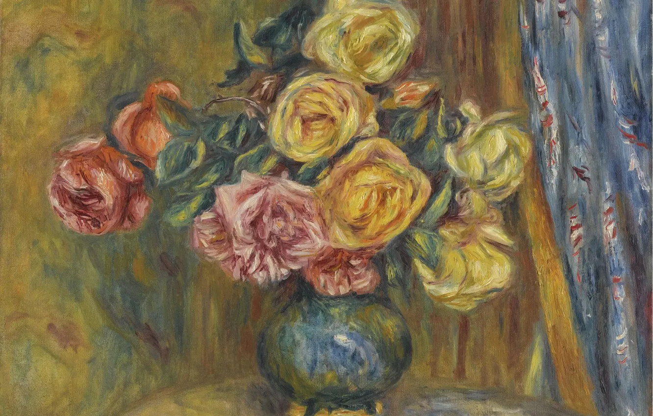 Фото обои букет, картина, 1912, Пьер Огюст Ренуар, Pierre Auguste Renoir, Розы и Синяя Занавеска