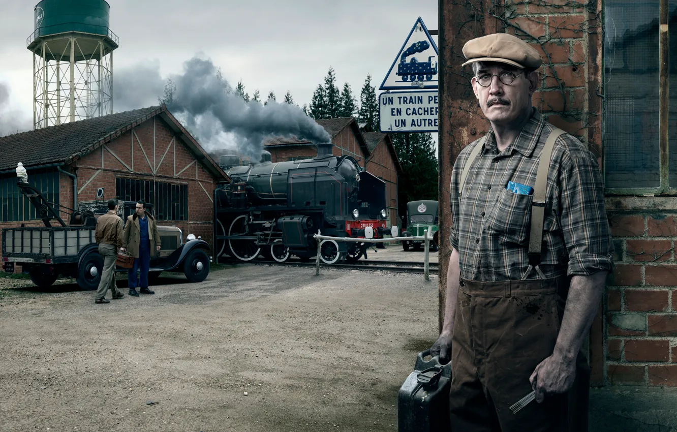 Фото обои ретро, Франция, депо, рабочий, локомотив, мужчина, Citroen, Stories