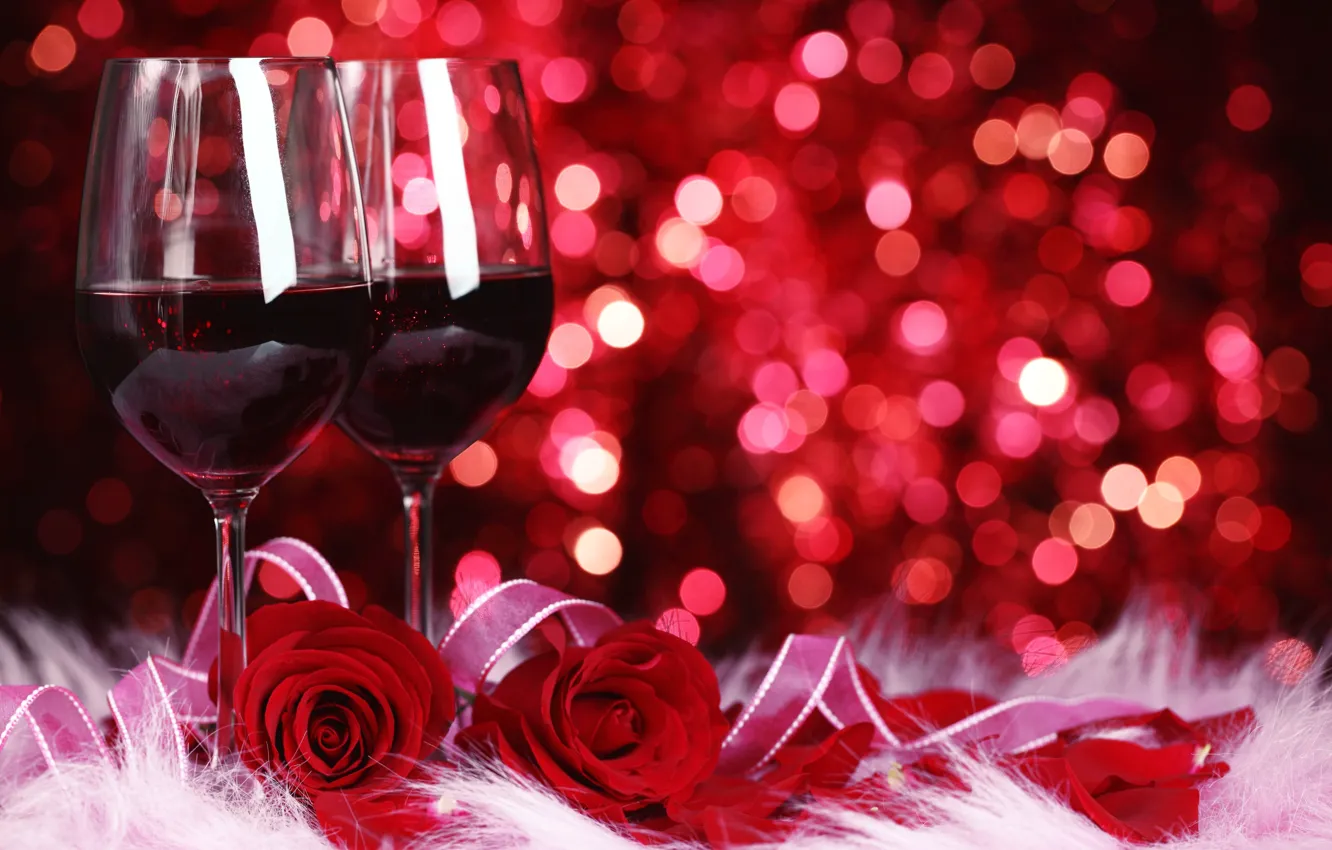 Фото обои цветы, вино, красное, розы, бокалы, красные, боке