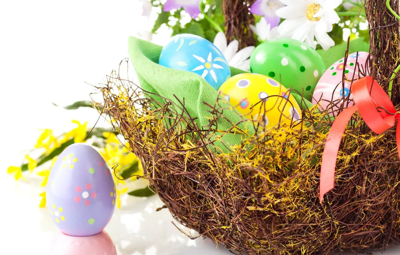 Фото обои цветы, праздник, корзина, яйца, весна, Пасха, лента, Easter