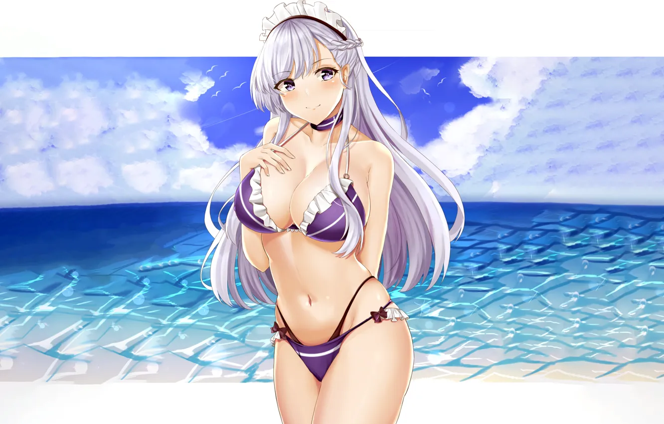 Фото обои girl, sexy, cleavage, beach, long hair, sea, boobs, anime