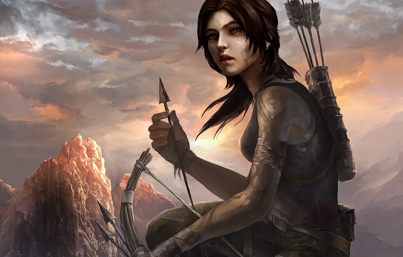 Фото обои девушка, горы, лук, арт, Tomb Raider, стрелы, Lara Croft