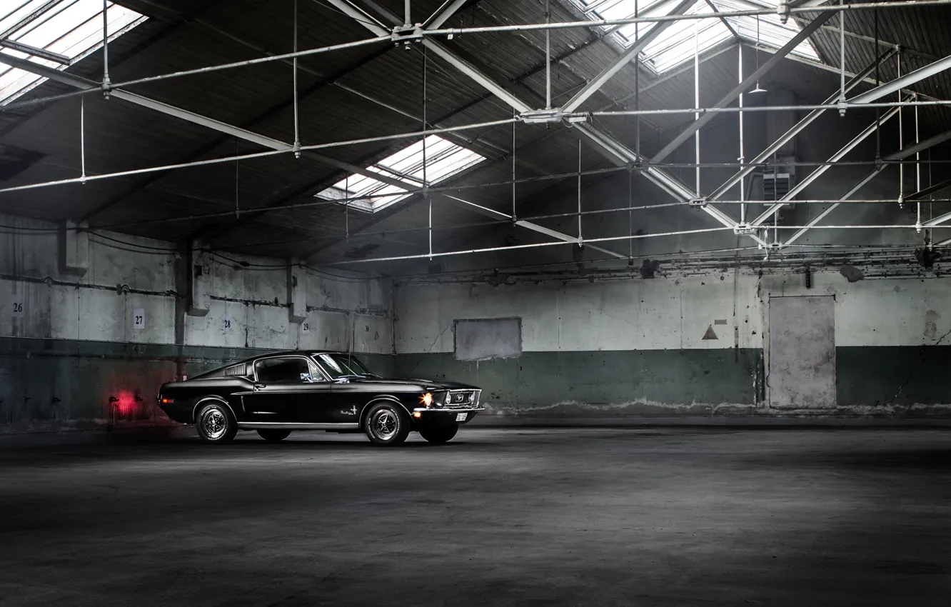 Фото обои Mustang, Ford, Muscle, Car, Classic, Black, Fastback, Warehouse