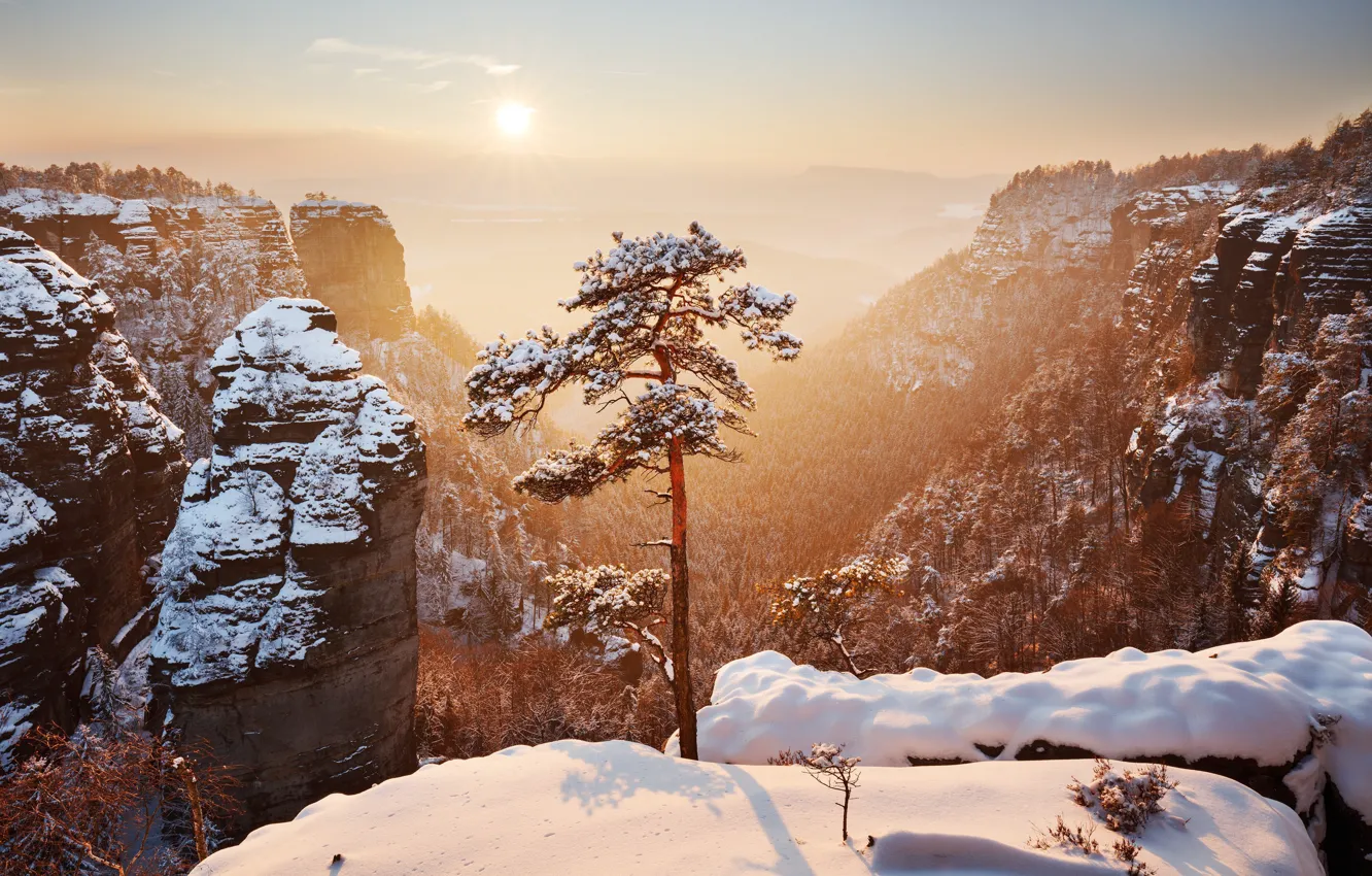 Фото обои зима, солнце, свет, снег, горы, скалы, Германия