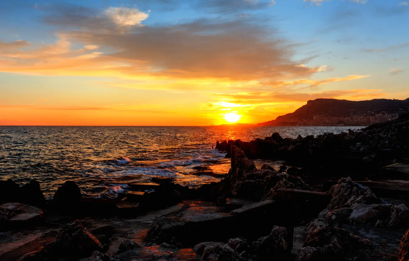 Фото обои море, закат, восход, камни, побережье, Монако, Monte-Carlo