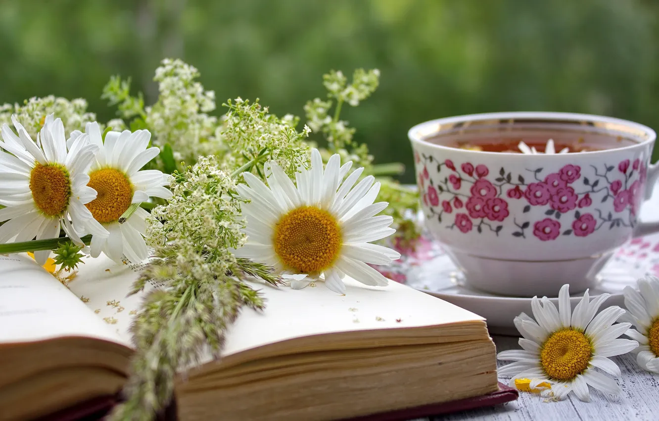 Фото обои чай, ромашки, кружка, книга, композиция