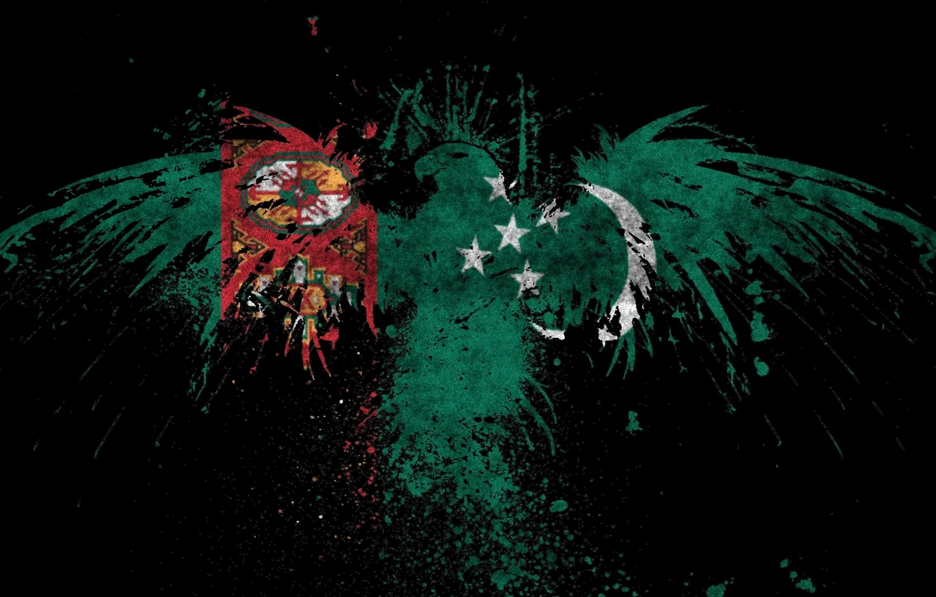 Фото обои флаг, зелёный, орёл, орнамент, Туркменистан