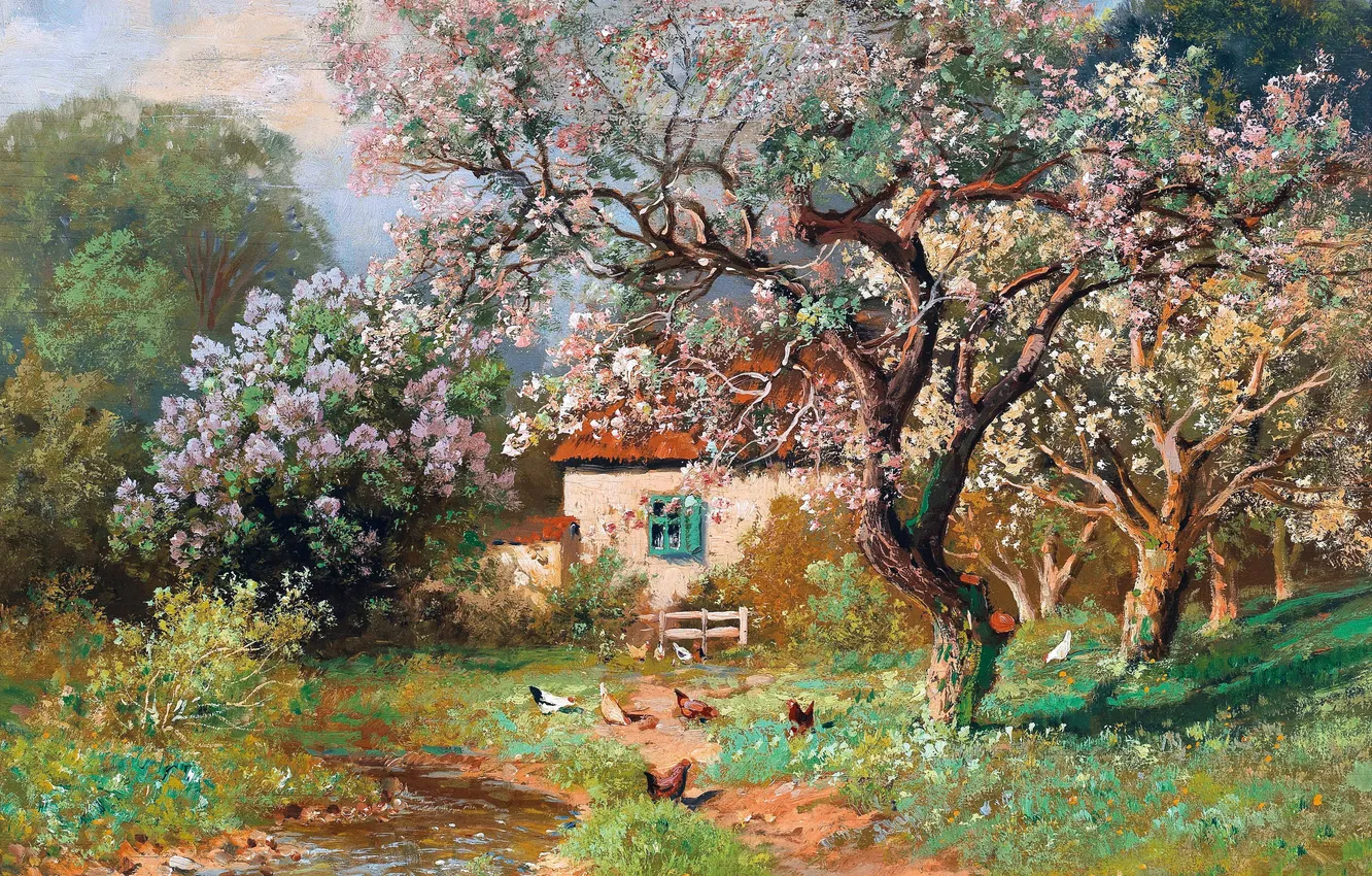 Фото обои Деревья, Дом, Картина, Сирень, Речка, Alois Arnegger, Алоис Арнеггер, Австрийский живописец