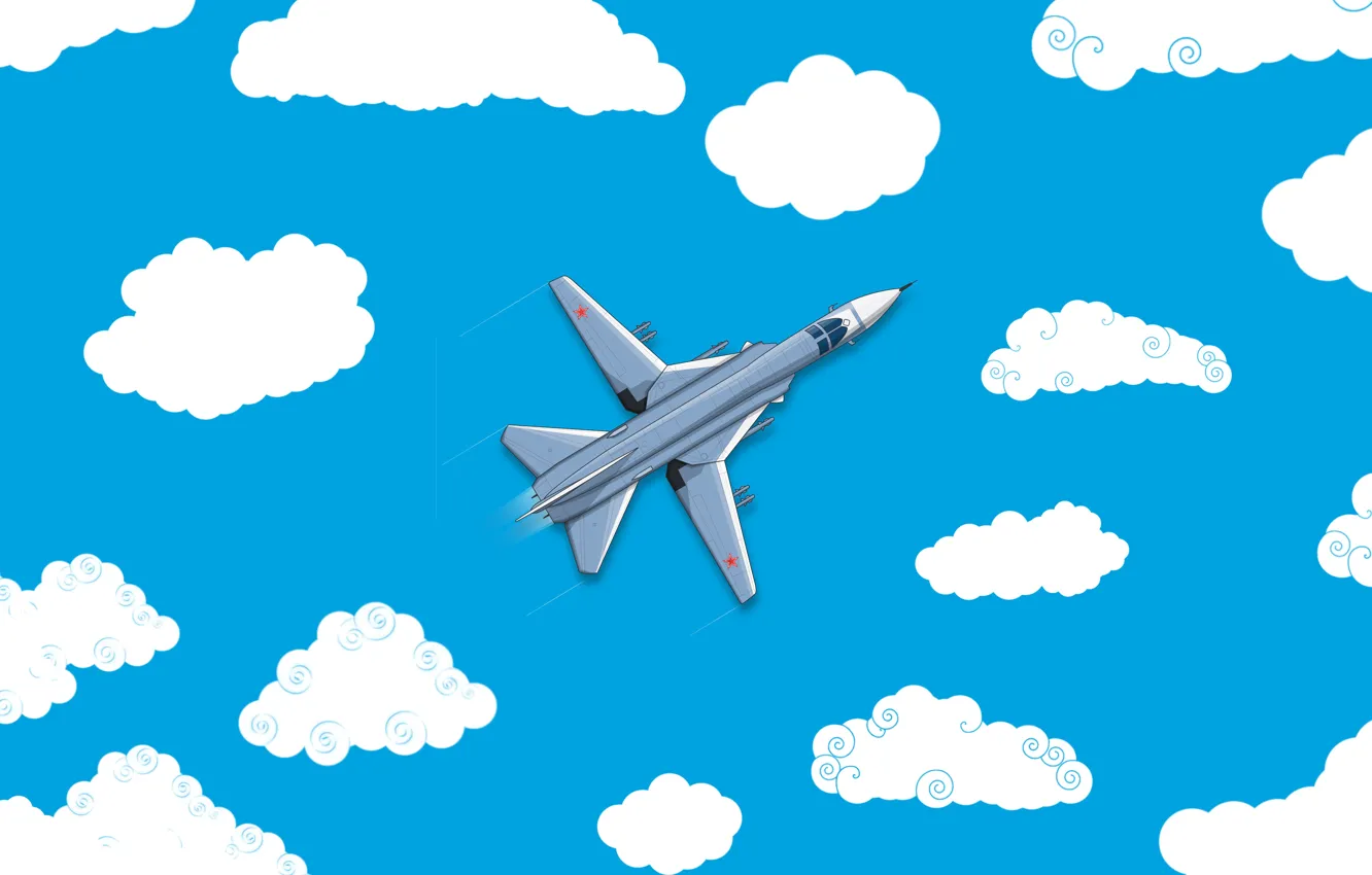 Фото обои Облака, Минимализм, Самолет, Истребитель, Россия, Арт, Вид сверху, Су-24