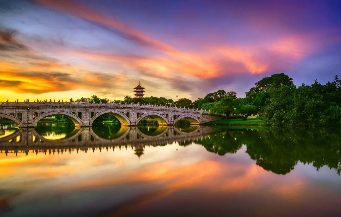 Фото обои закат, мост, озеро, отражение, Сингапур, водоём, Singapore, Chinese Garden
