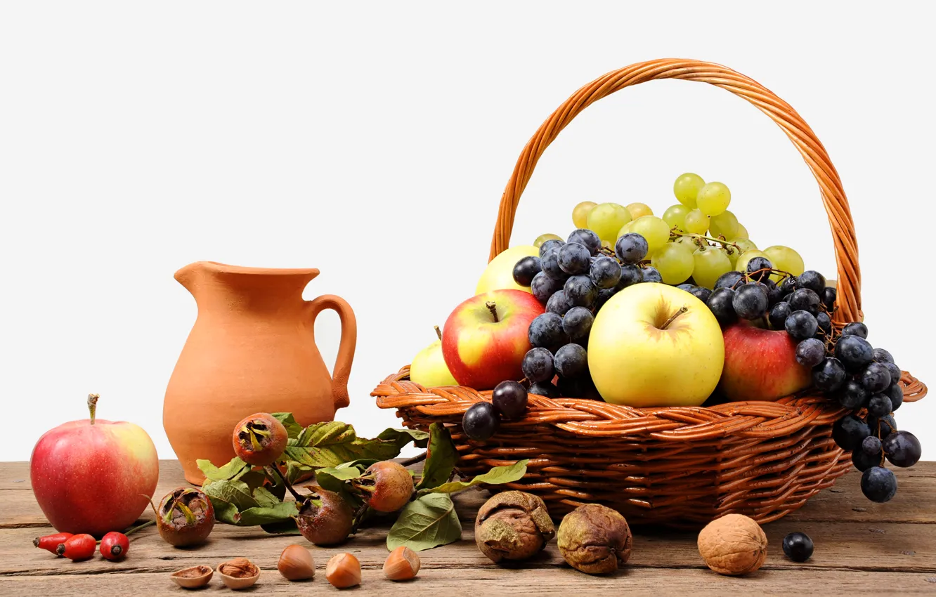 Фото обои корзина, яблоки, шиповник, виноград, кувшин, фрукты, орехи