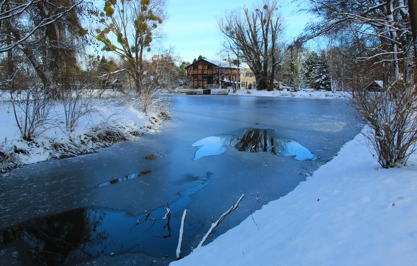 Фото обои ice, white, winter, lake, snow, pond