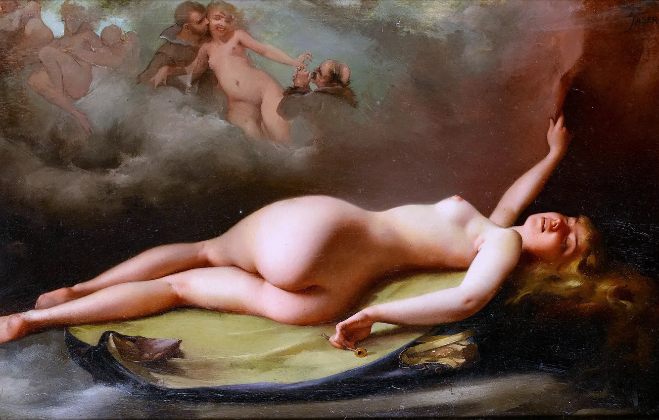 Фото обои Девушка, Картина, Обнажена, Лежащая обнаженная, Luis Ricardo Falero, Испанский живописец, Луис Рикардо Фалеро