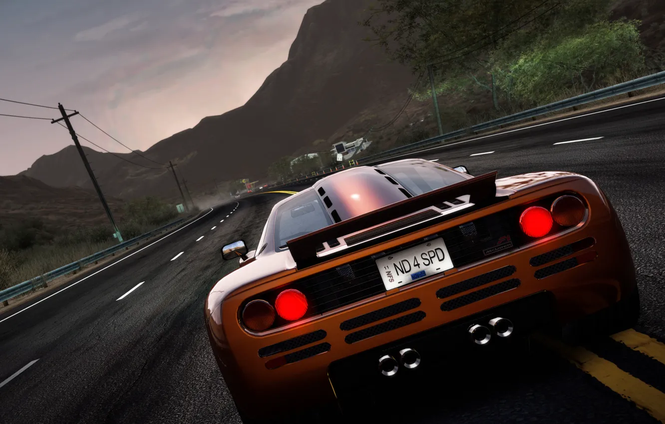 Фото обои дорога, машина, горы, лэп, Need for Speed: Hot Pursuit