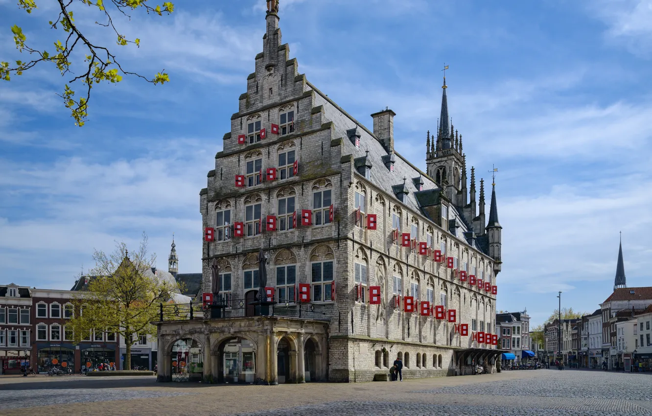 Фото обои улица, здание, дома, площадь, Нидерланды, мостовая, Gouda