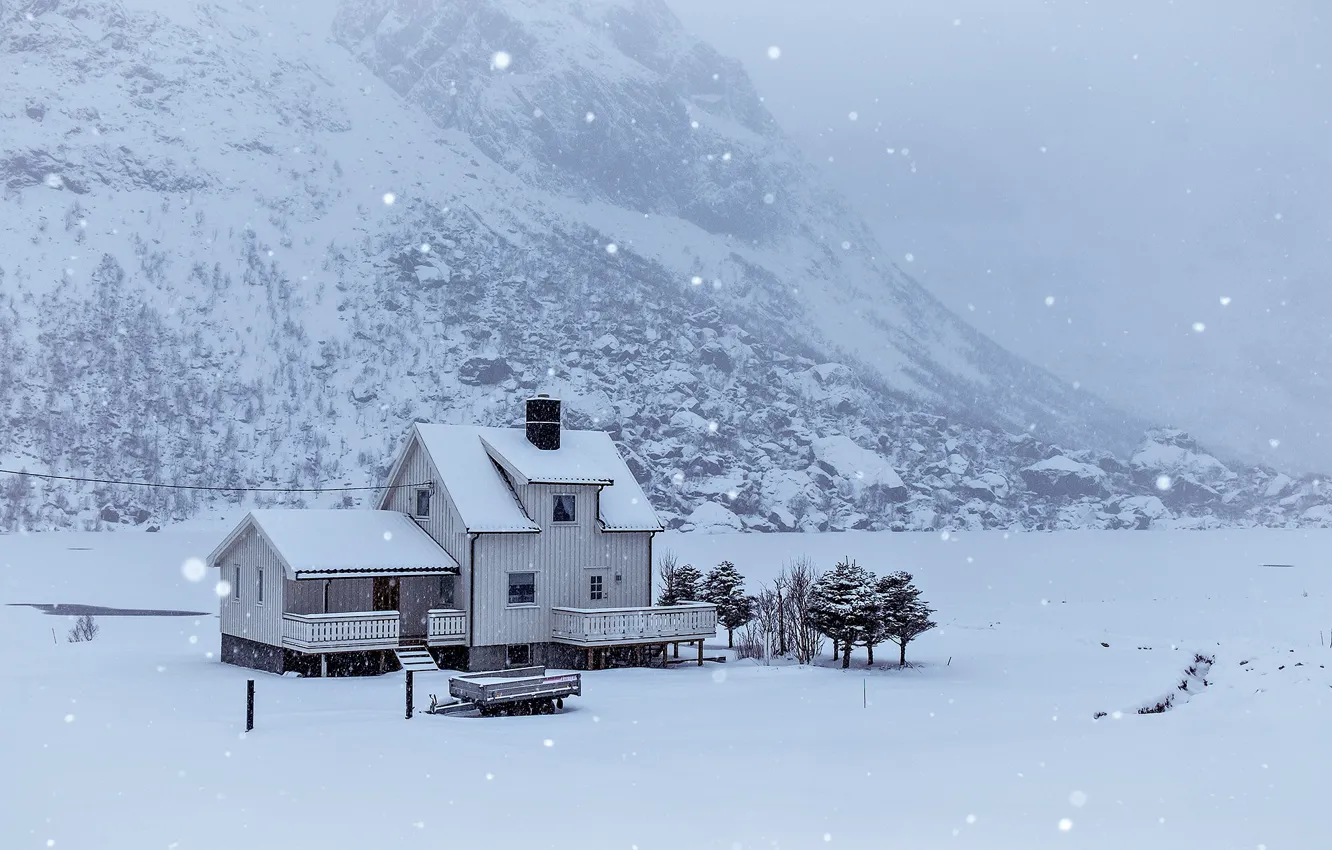 Фото обои зима, снег, дом, Норвегия, Лофотенские острова