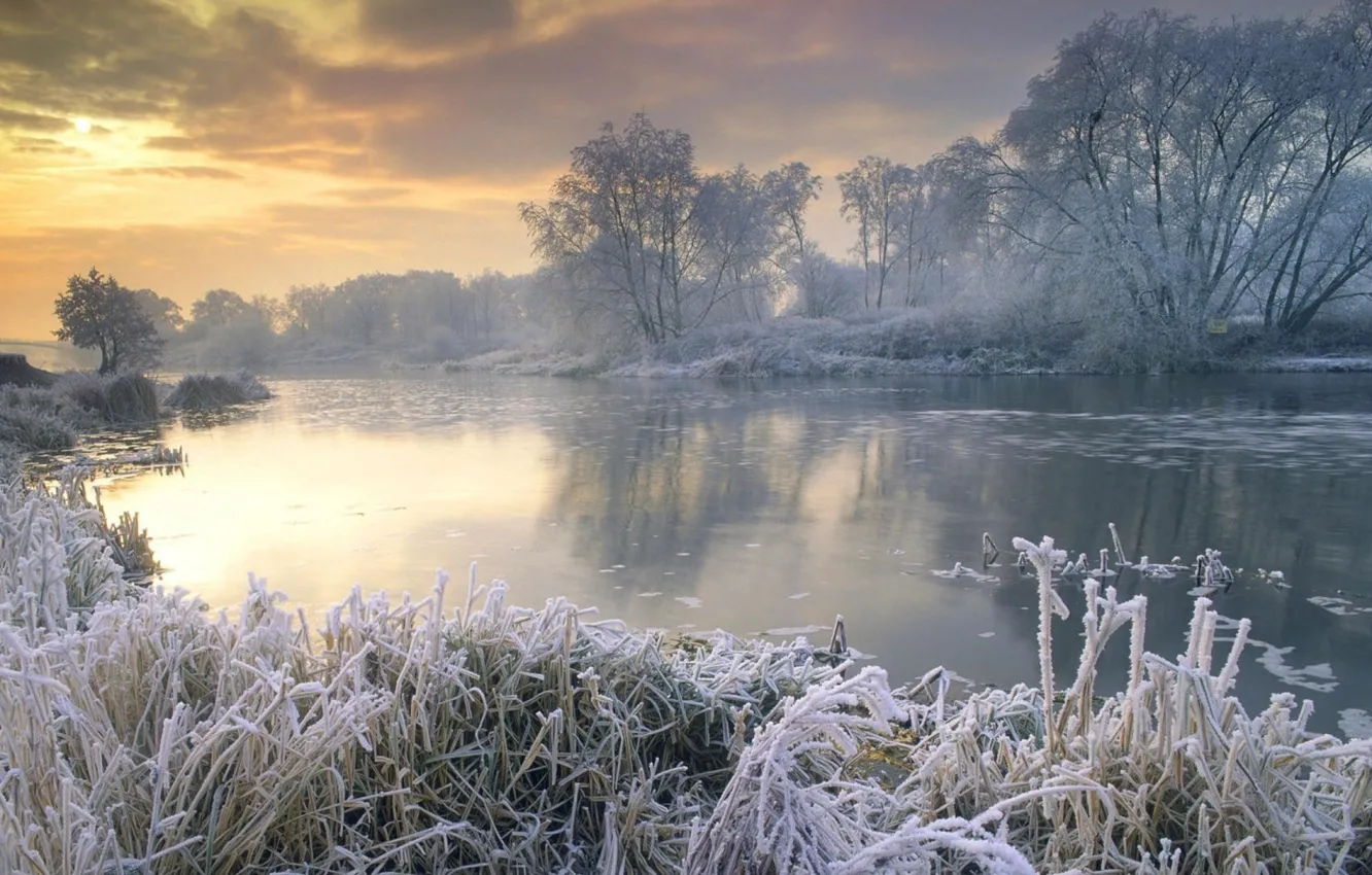 Фото обои зима, снег, природа, река