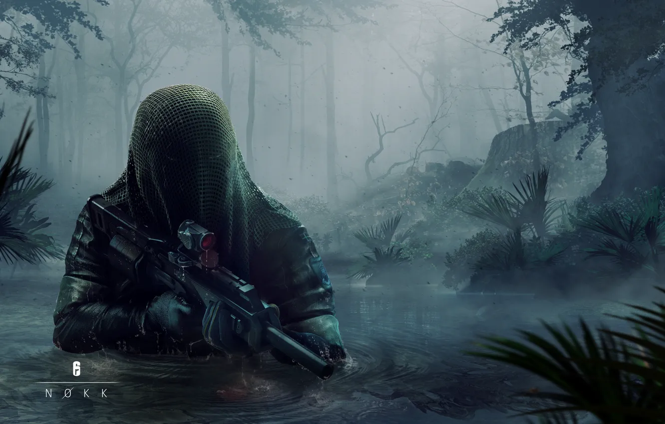 Фото обои вода, деревья, оружие, арт, прицел, накидка, art, Ubisoft