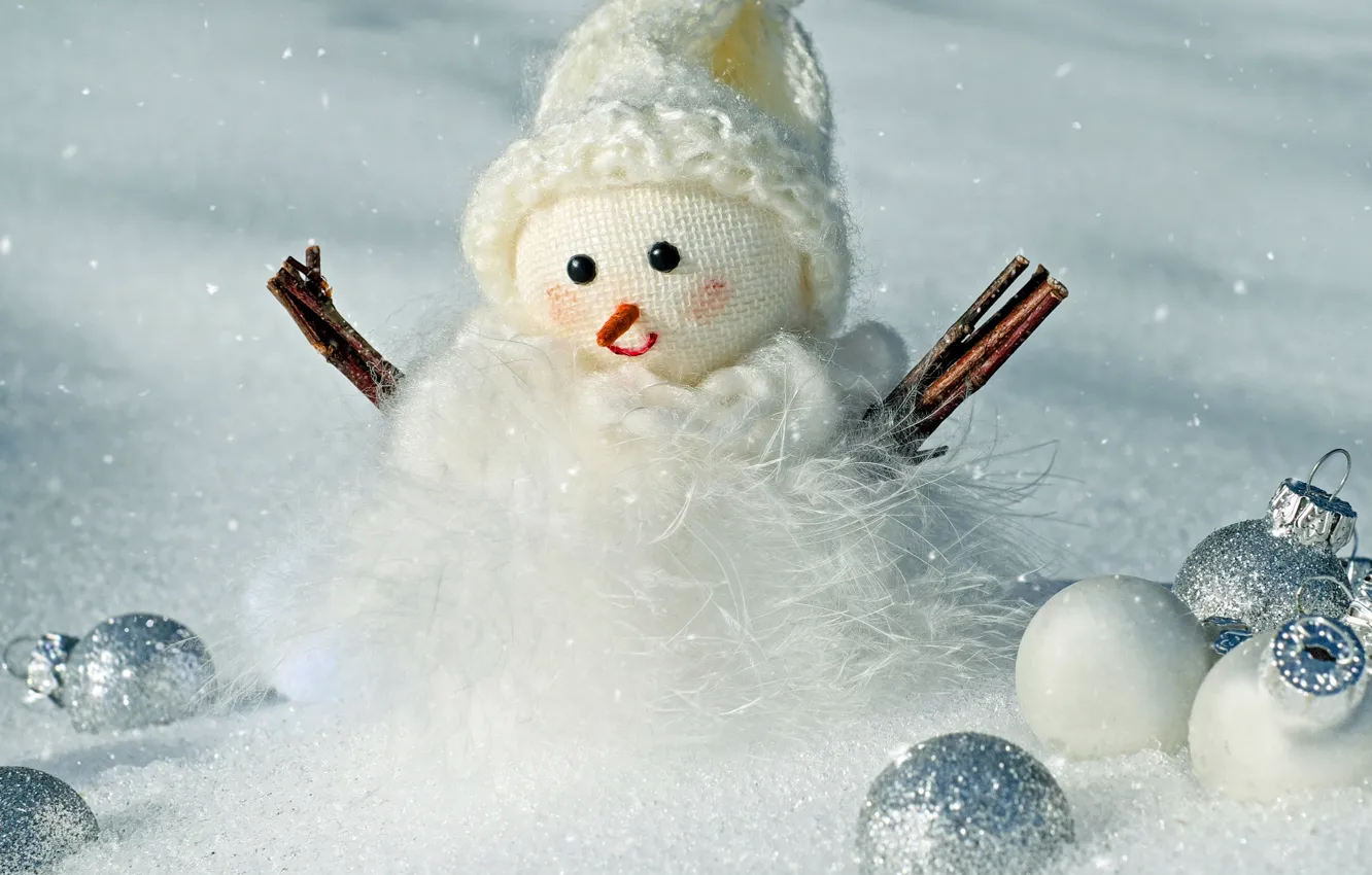 Фото обои зима, белый, шарики, снег, ветки, фон, праздник, шары