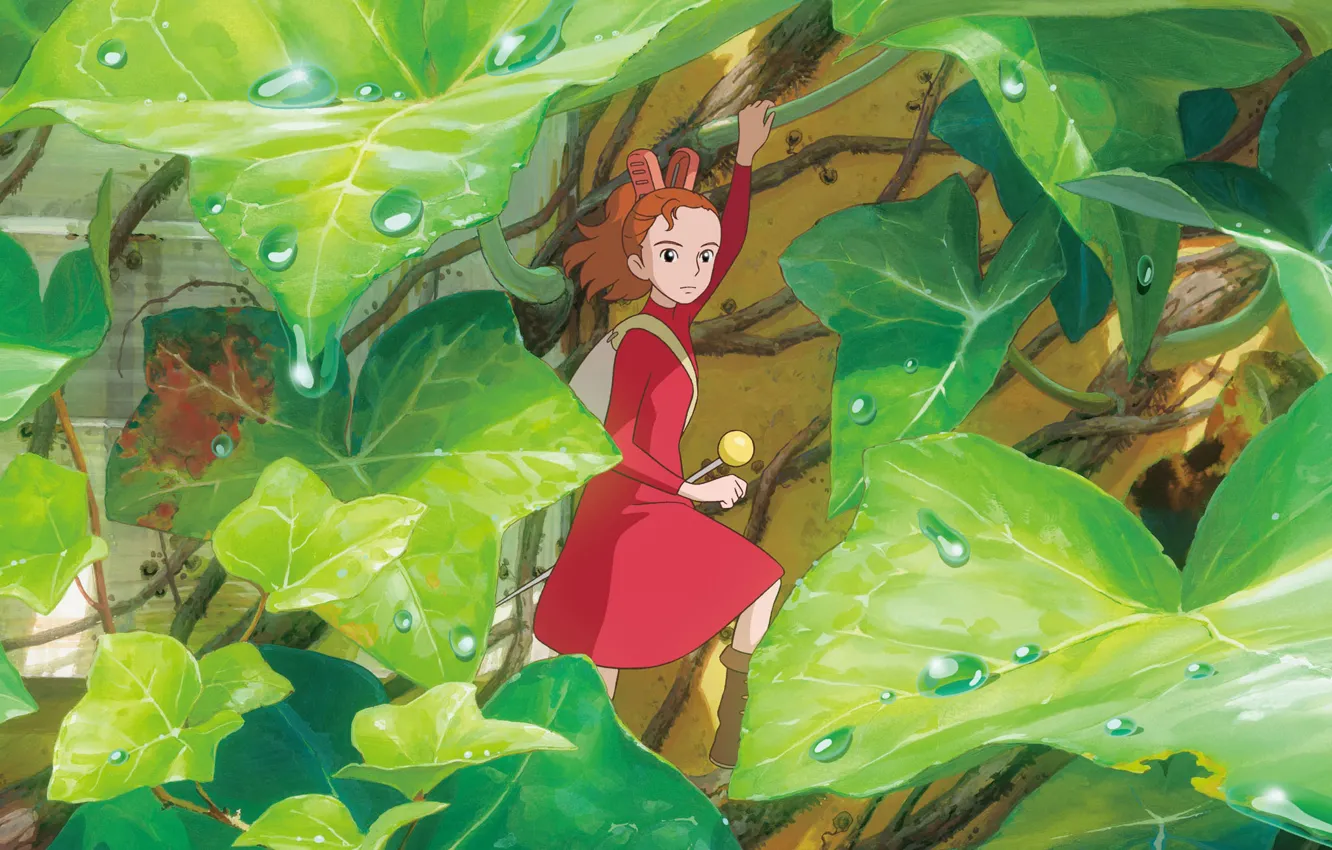 Фото обои листья, капли, фэнтези, девочка, Arrietty, Karigurashi no Arrietty