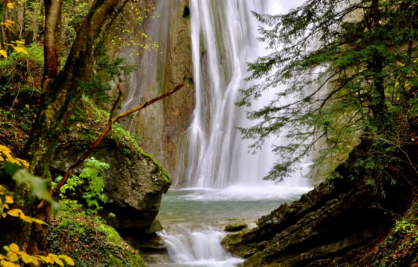 Фото обои вода, деревья, камни, скалы, водопад, валуны