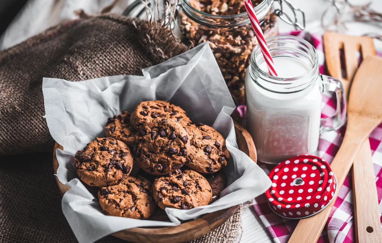 Фото обои шоколад, завтрак, молоко, печенье, breakfast, cookies, bakery