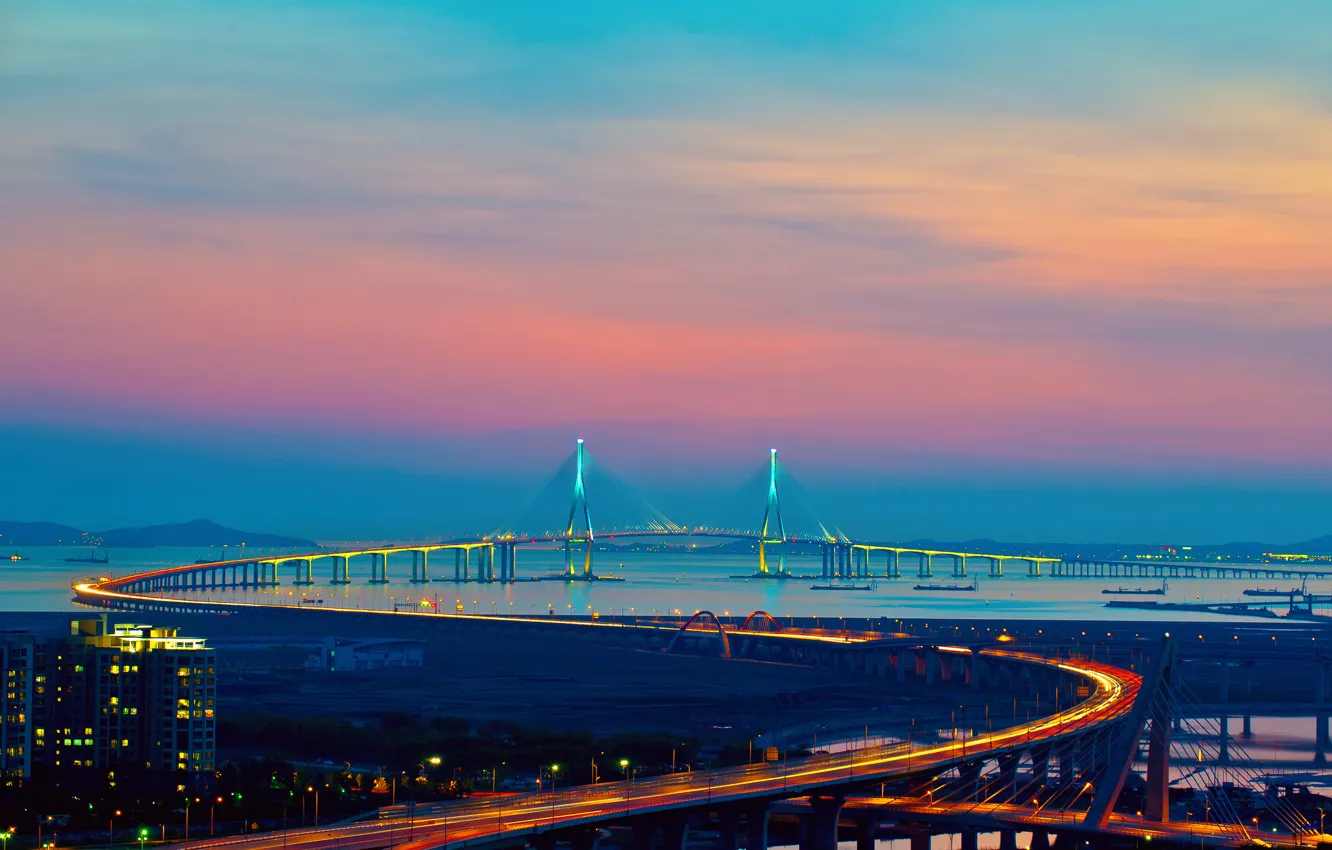 Фото обои мост, город, огни, Корея, Инчхон