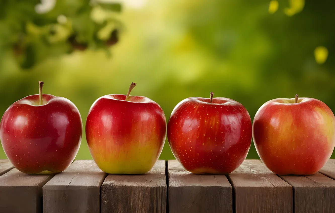 Фото обои красный, яблоки, доски, зеленый фон, ИИ-арт, НЕЙРОСЕТЬ