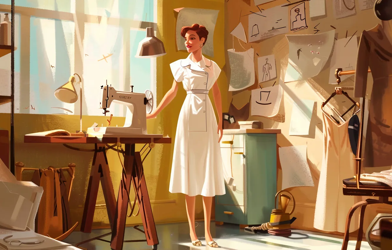 Фото обои девушка, эскиз, дизайнер, цифровое искусство, модельер, швейная машинка, ИИ-арт, Искусство искусственного интеллекта