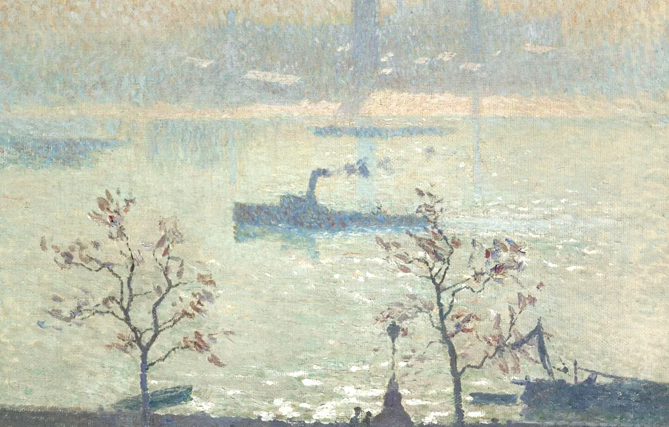 Фото обои пейзаж, река, корабль, картина, Эмиль Клаус, Emile Claus, Вид на Темзу с Набережной