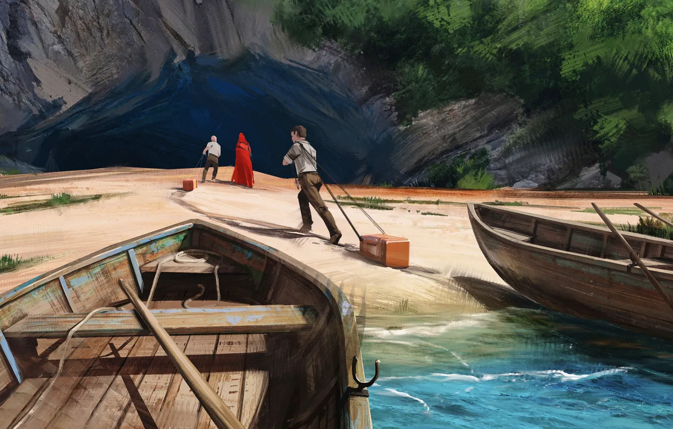 Фото обои люди, берег, лодки, пещера, expedition