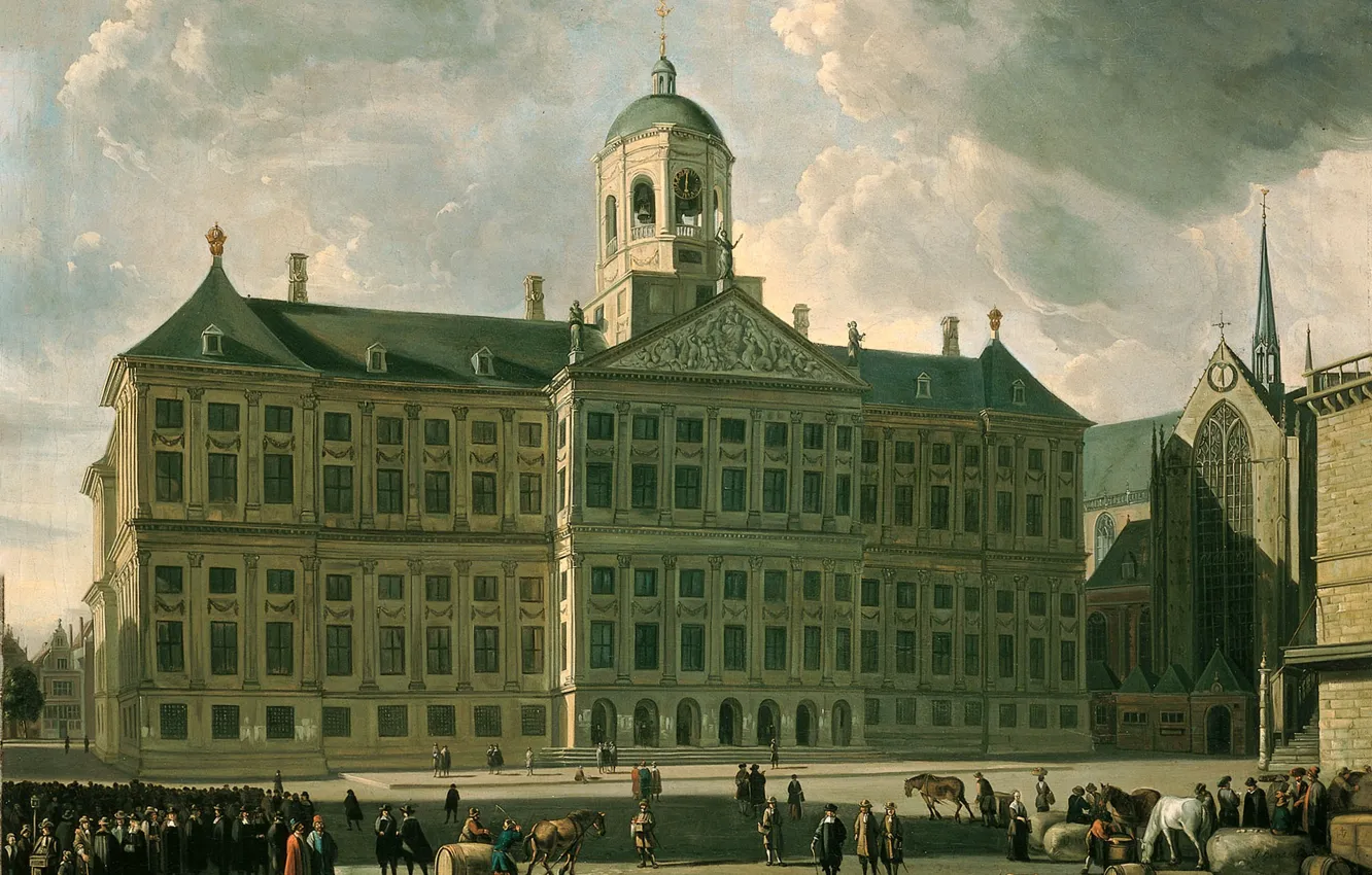 Фото обои масло, картина, городской пейзаж, 1673, Геррит Адриансзон Беркхейде, Gerrit Adriaenszoon Berckheyde, Ратуша на площади Дам …
