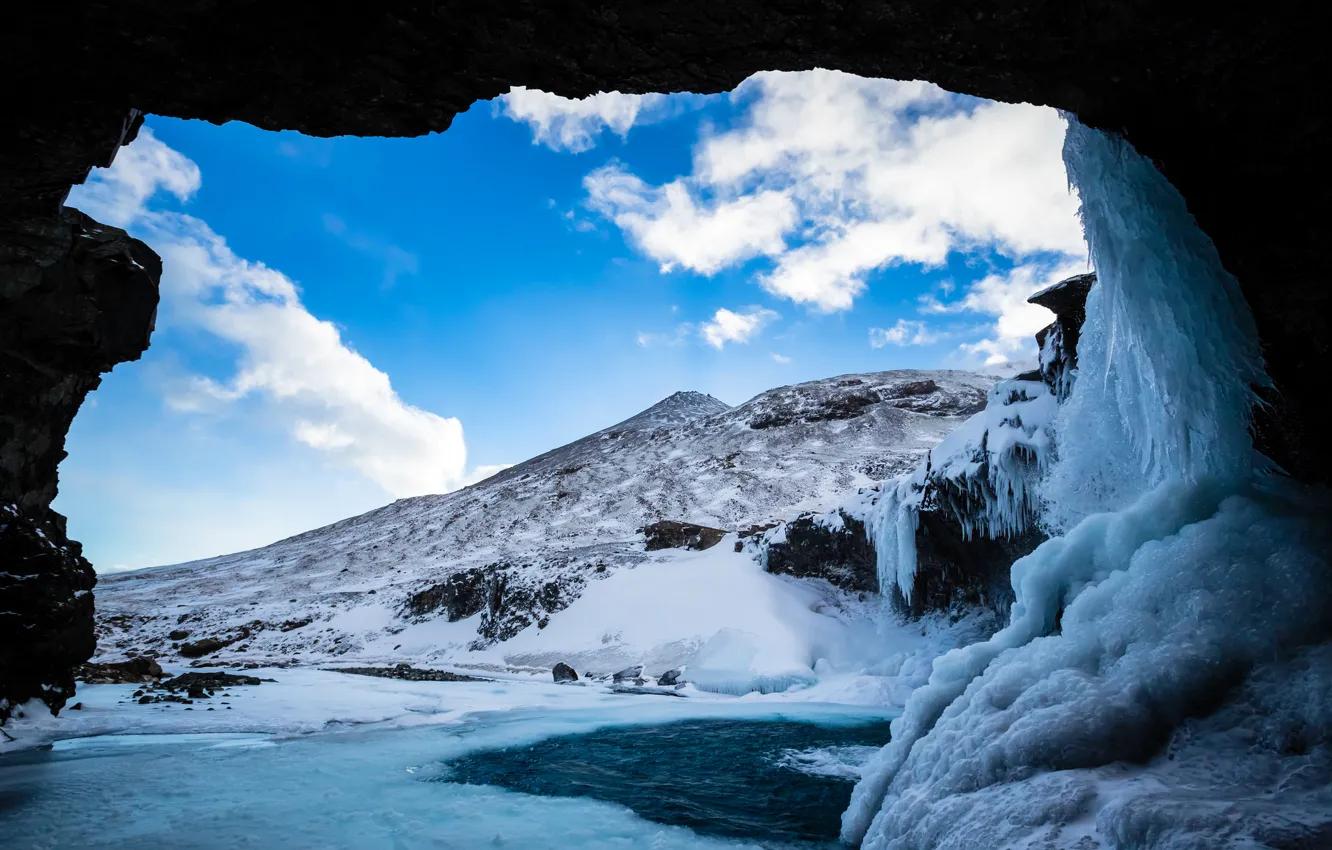Фото обои лед, зима, снег, горы, озеро, пещера, грот