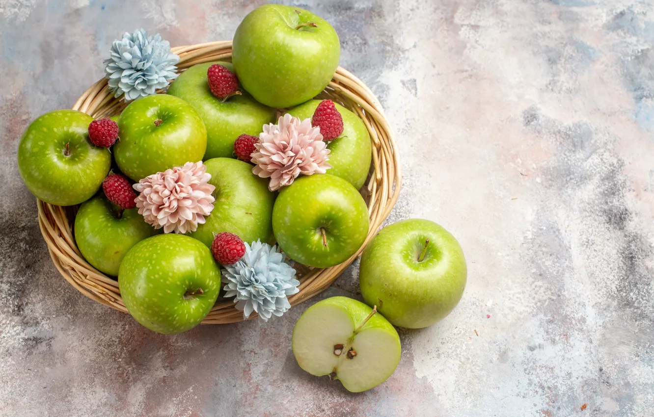 Фото обои ягоды, малина, яблоки