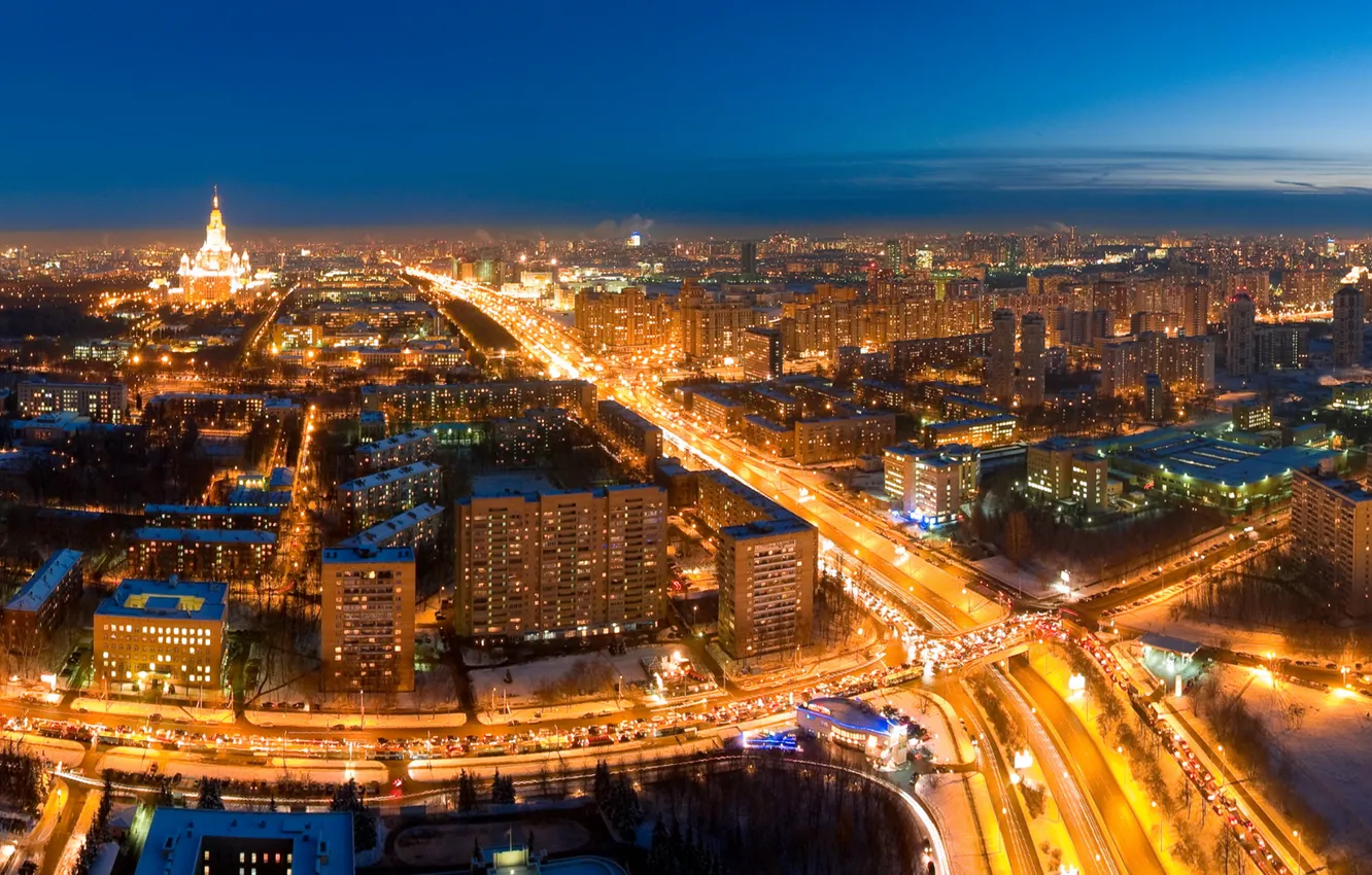 Фото обои дорога, ночь, огни, Москва