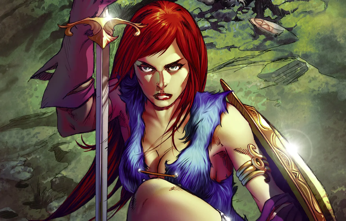 Фото обои фон, женщина, меч, воин, комикс, Red Sonja, Рыжая Соня