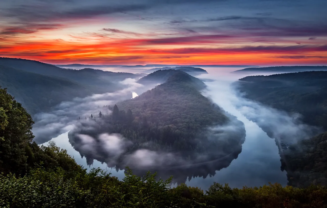 Фото обои river, autumn, fog, sunrise, germany, atmosphere, mystical, saarschleife
