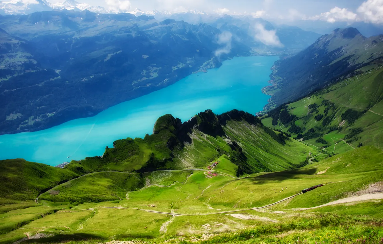 Фото обои зелень, небо, трава, облака, деревья, вид, Швейцария, железная дорога