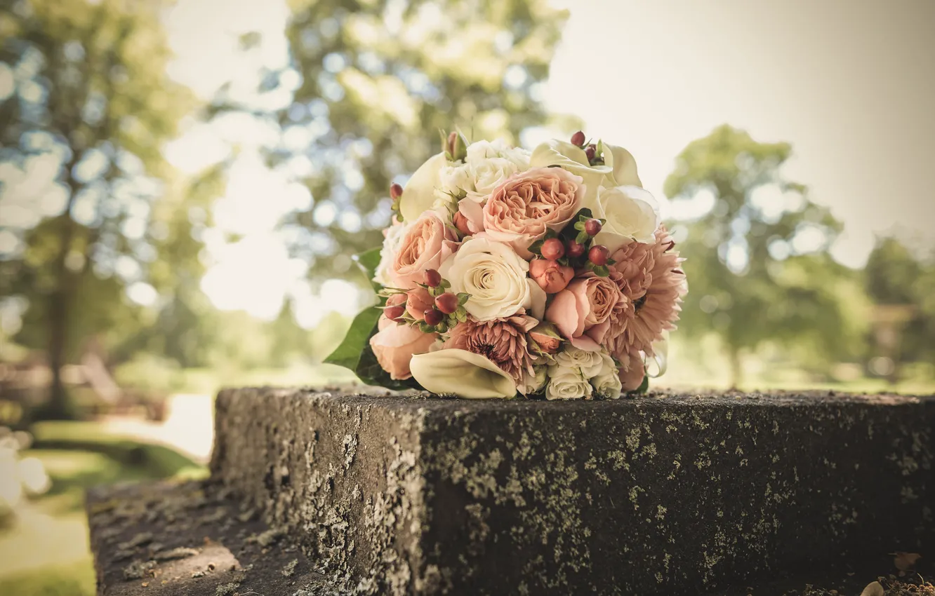 Фото обои цветы, розы, свадебный букет