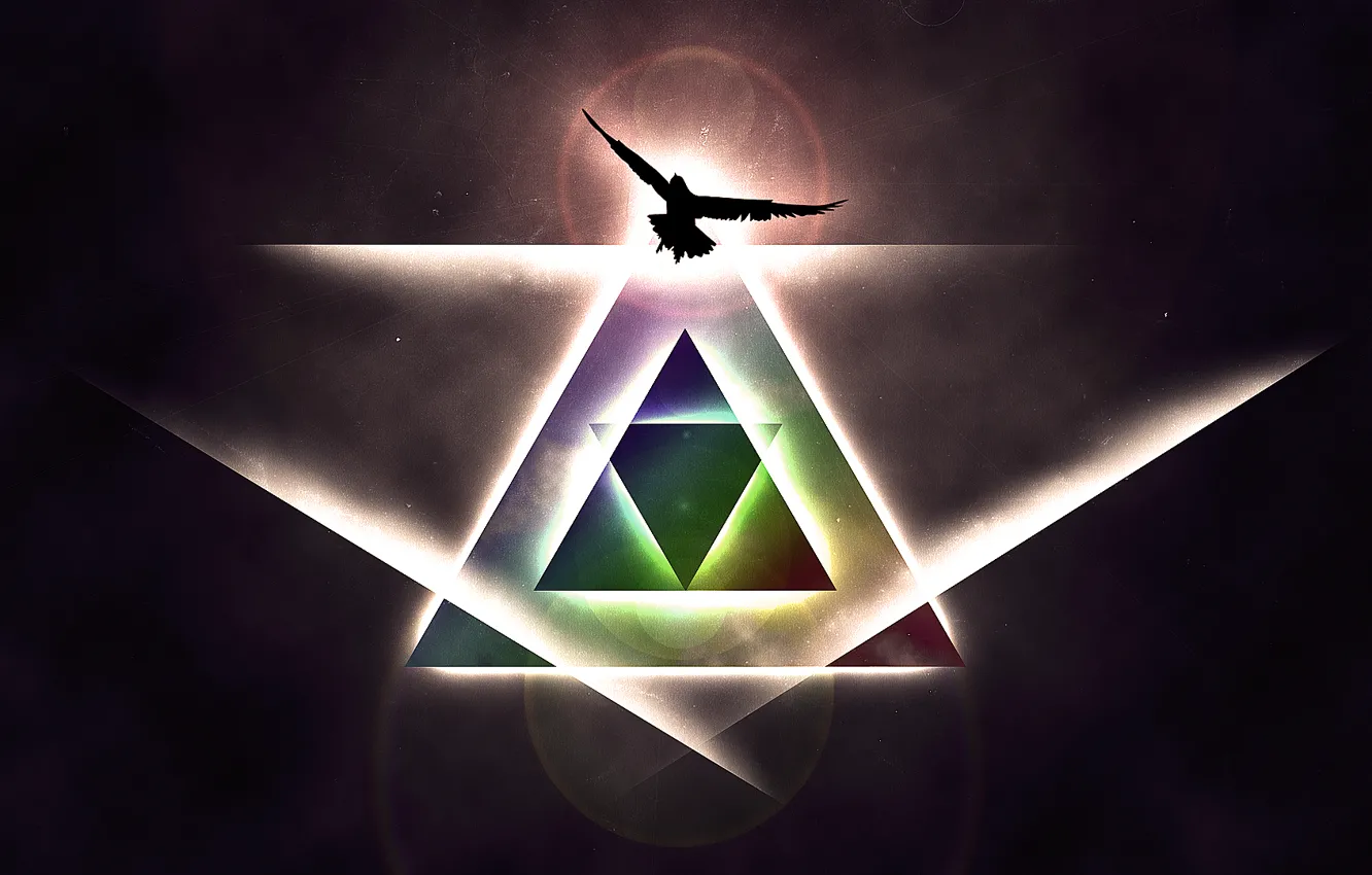 Фото обои космос, блики, птица, орел, треугольники, свечение, пирамида, лучи света