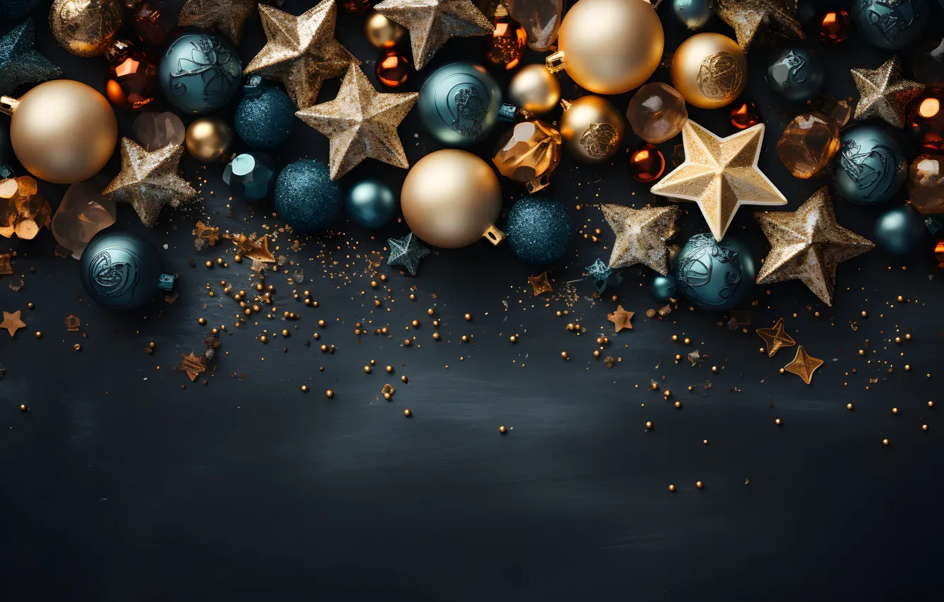 Фото обои украшения, темный фон, шары, Новый Год, Рождество, dark, golden, new year