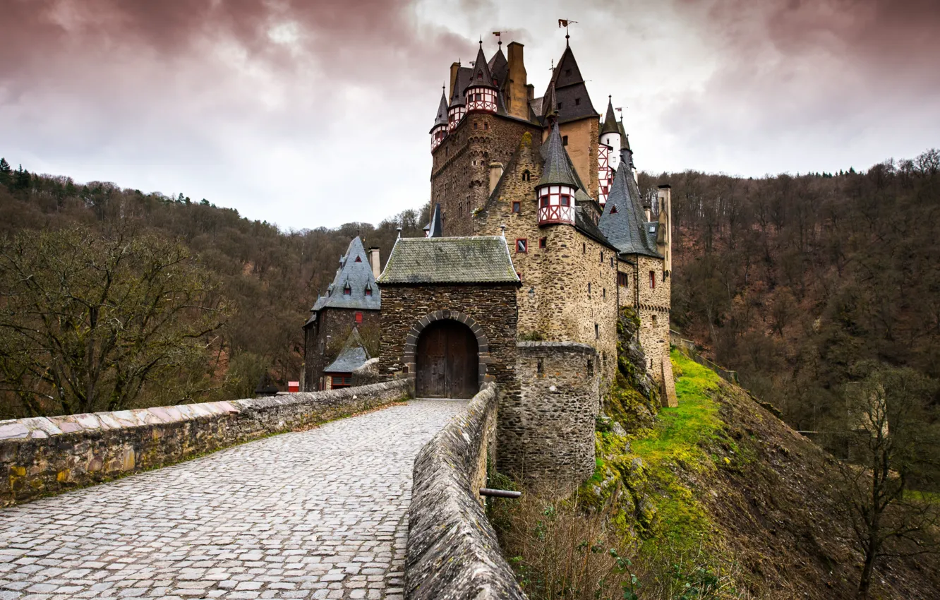 Фото обои лес, ворота, брусчатка, Германия, долина, башни, замок Эльц, Рейнланд-Пфальц