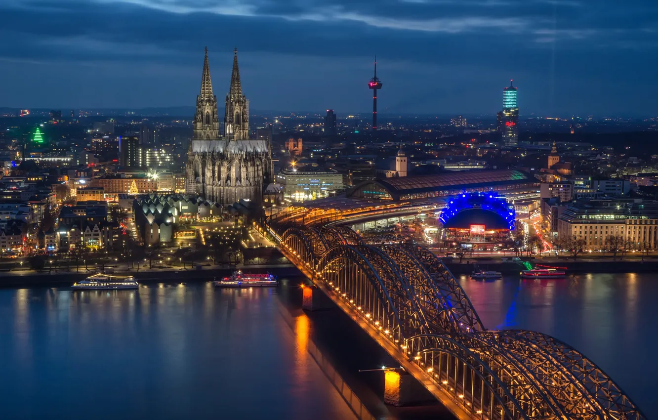 Фото обои мост, огни, река, Германия, панорама, собор, Кёльн