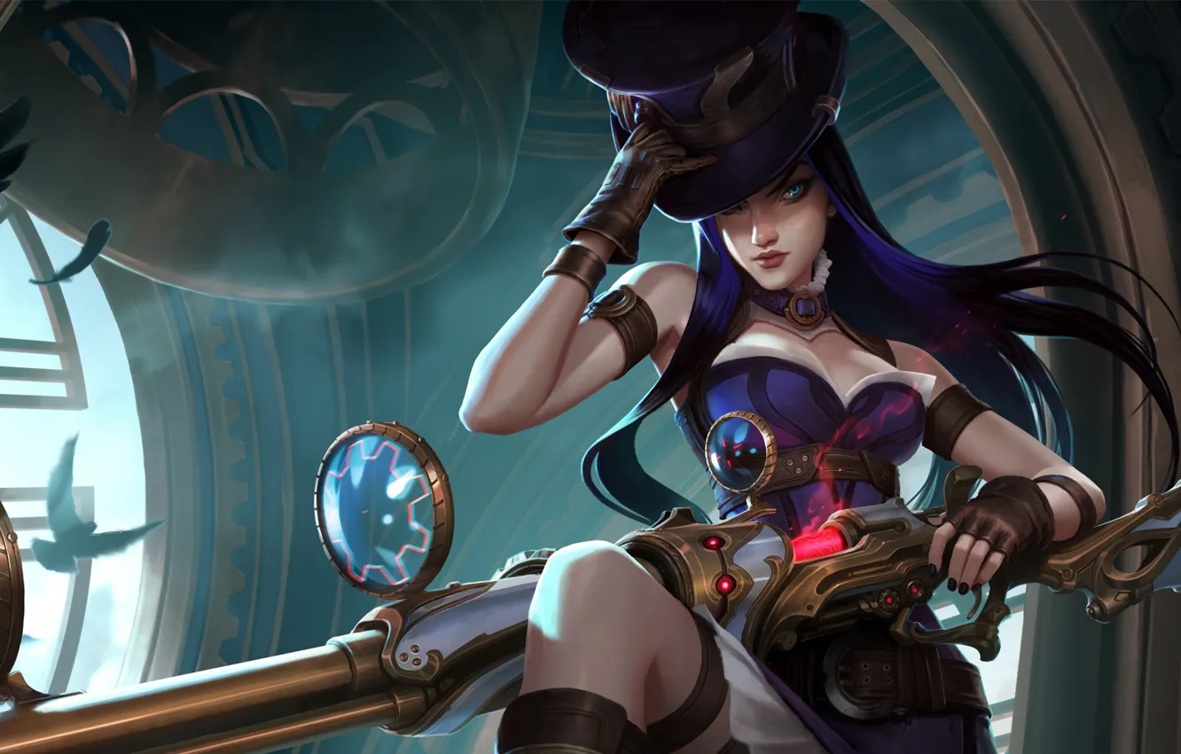 Фото обои girl, fantasy, game, long hair, weapon, hat, blue eyes, League of Legends